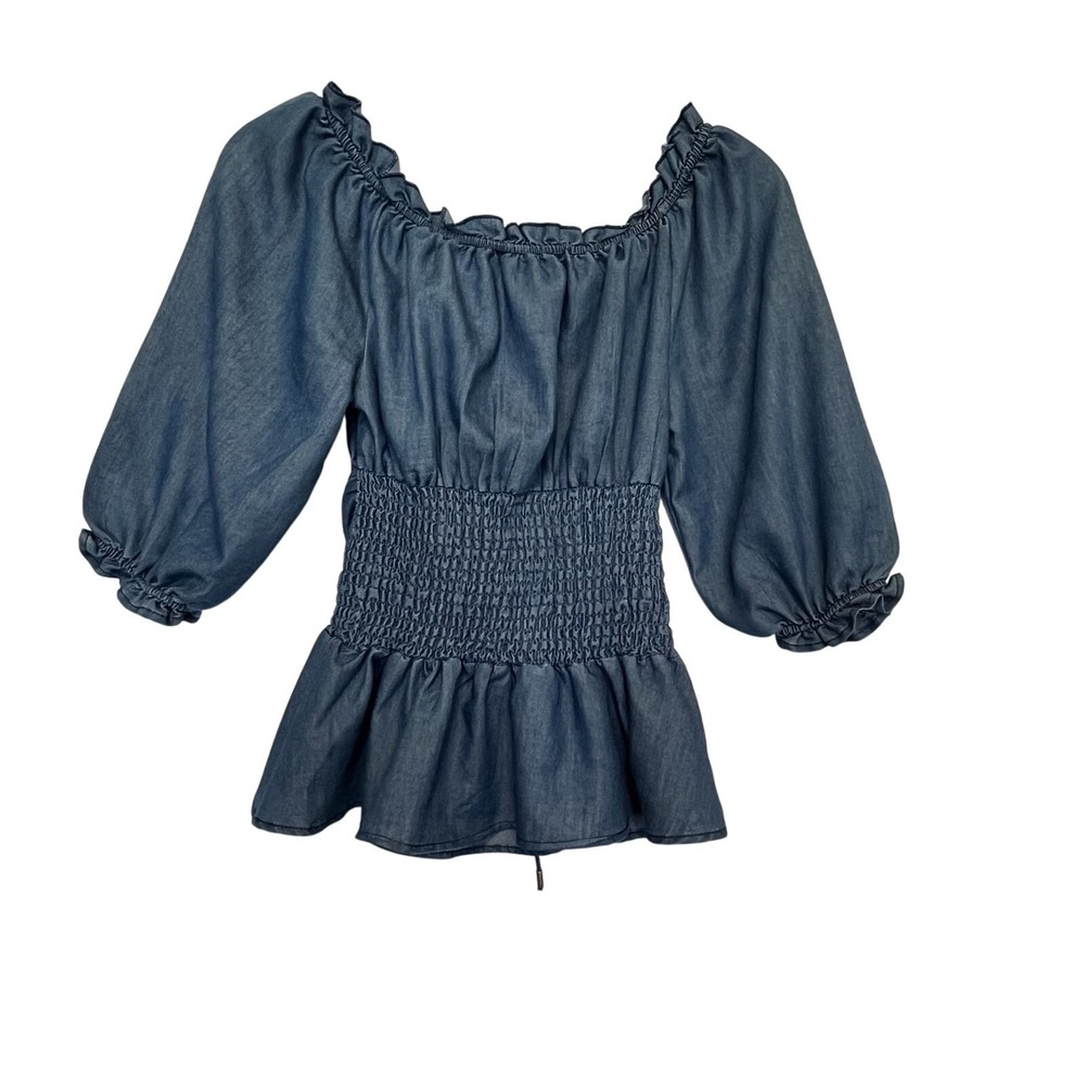 Womens Blue Lace Up Ruffle‎ Top XS Corset Laceup Short Puffy Sleeve
